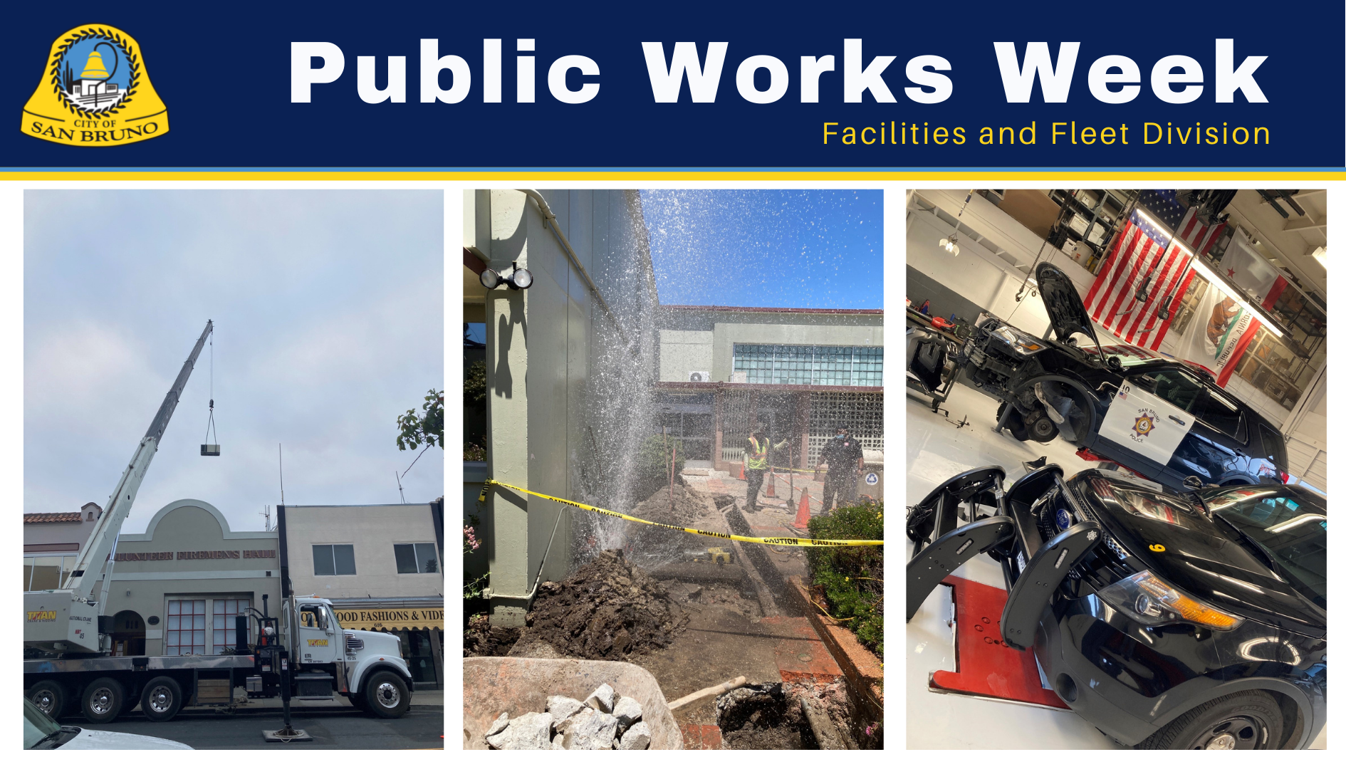 Truck crane lifting equip for placement on roof, broken water pipe with water spraying & PD vehicle