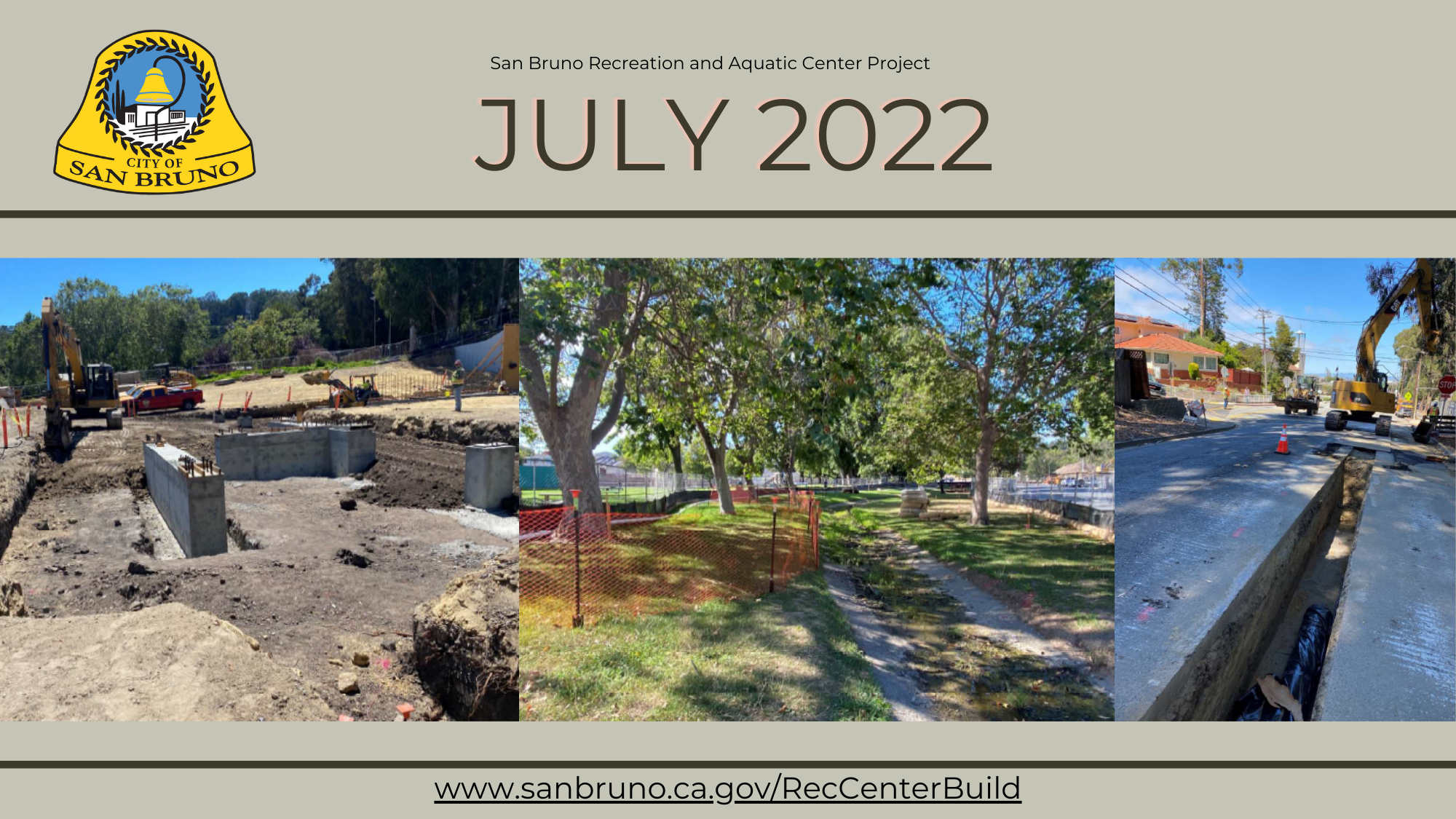 Images of concrete pours of natatorium and gym foundation, exclusionary fencing and 10" waterline …