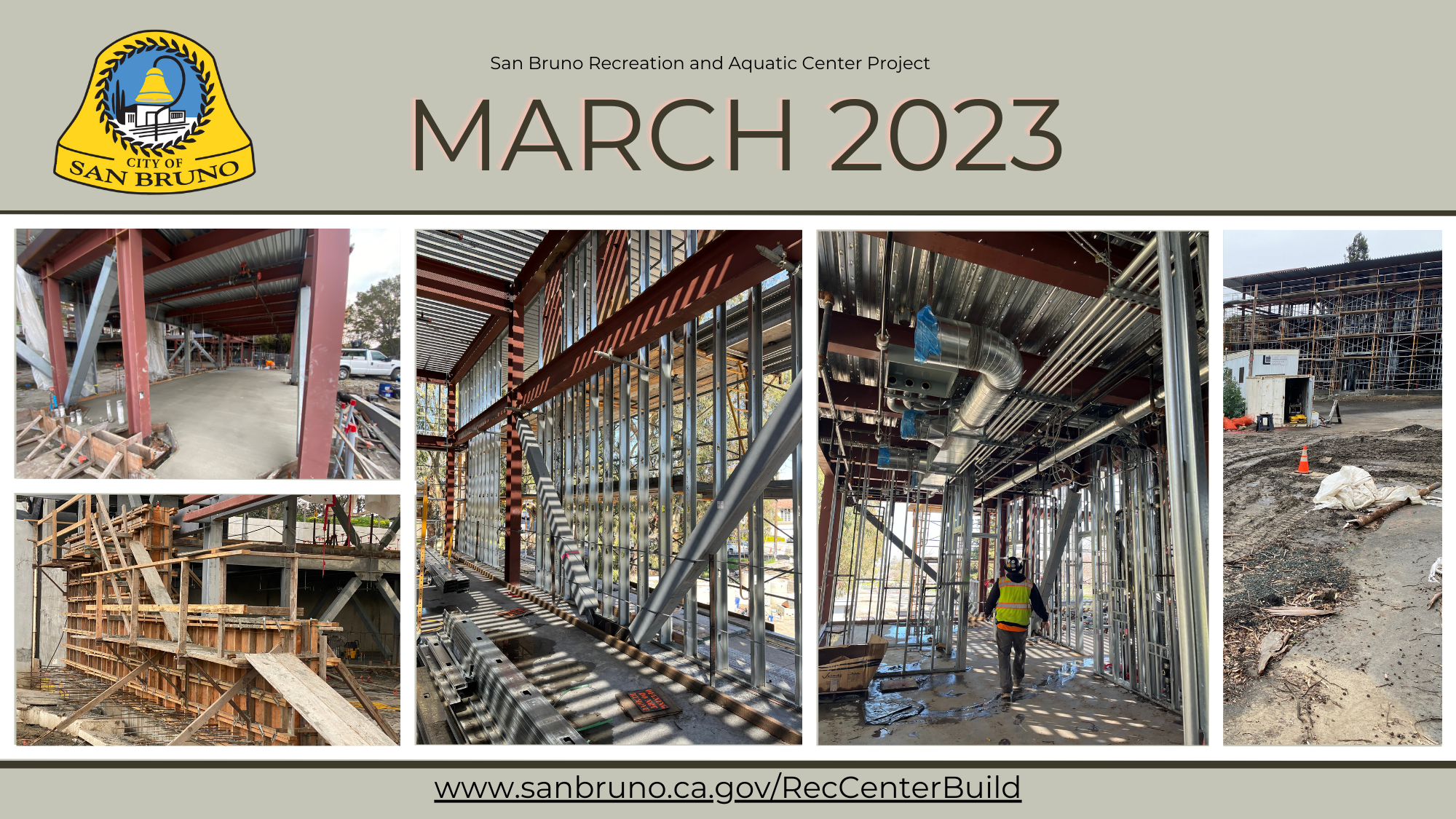 Image of wall framing, HVAC duct, concrete pour on first level, parking lot grading near building